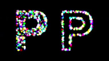 Renkli bokeh ışıkları olan İngilizce alfabesi P düz siyah arkaplan üzerinde efekt