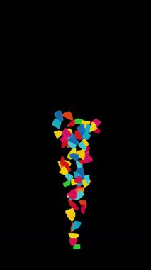 Renkli konfeti parçacıkları düz siyah arkaplan ile akış grafikleri