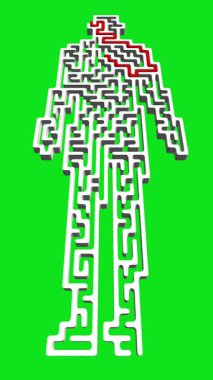 Yeşil ekran arka planında çözüm yolu olan insan şekilli 3d labirent