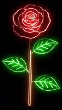 Yaprakları ve sapı olan kırmızı gül, parlak neon ışıkları düz siyah arkaplan üzerinde yol etkisi