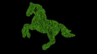 Zıplayan at sembolü büyüyen yeşil çimen efektiyle düz siyah arkaplan üzerinde