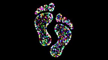 Renkli parıltılı insan ayak izleri sembolü sade siyah arkaplan üzerinde ışıldıyor