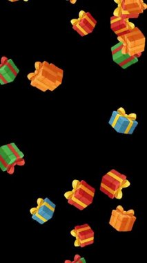 Düşen renkli hediye kutuları düz siyah arkaplanlı hareket grafikleri