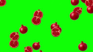 Düşen taze nar hareket grafikleri ve yeşil ekran arka planı