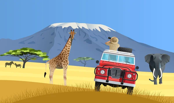 Safari caminhão em savana africana — Vetor de Stock
