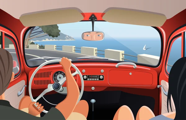 Young couple tavelling on coast road in retro car — Stock Vector