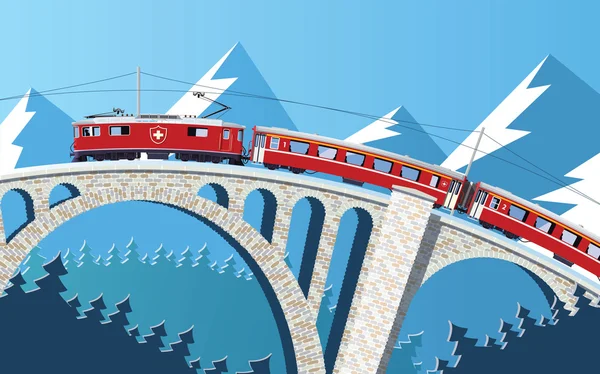 Mountain train on the bridge through the Alps — Stock Vector