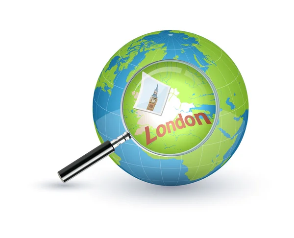 Londra ingrandita con la lente d'ingrandimento sul globo mondiale — Vettoriale Stock