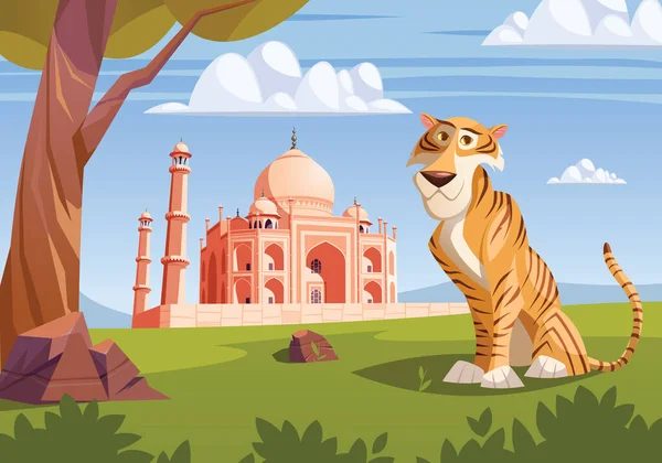 Tigre Indiana Taj Mahal Sfondo Cartone Animato Vettoriale Illustrazione Illustrazione Stock