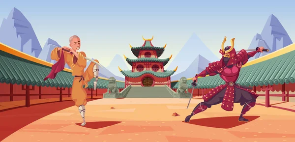 Samurai Shaolin Vechten Oude Tempel Vector Illustratie — Stockvector