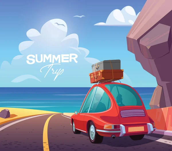 Young Couple Red Car Summer Trip Vector Illustration — Image vectorielle