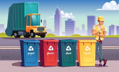 Çöp toplayan adam, çöpleri ayırmak için geri dönüşüm kutularının yanında.