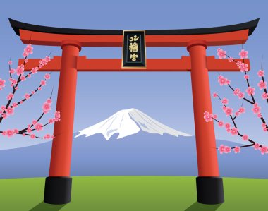 Japon Torii kapısı ve Fuji Dağı