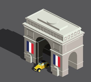 İzometrik arc de Triomphe ve eski model Fransız araba