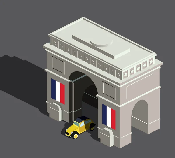 Isometrisk arc de Triomphe och franska veteranbilar — Stock vektor