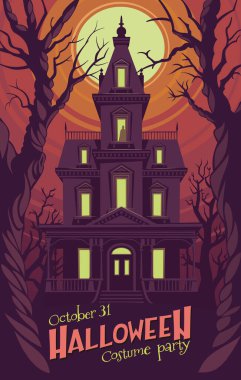 Cadılar Bayramı partisi. Ay ışığında ormanda ürkütücü bir ev.