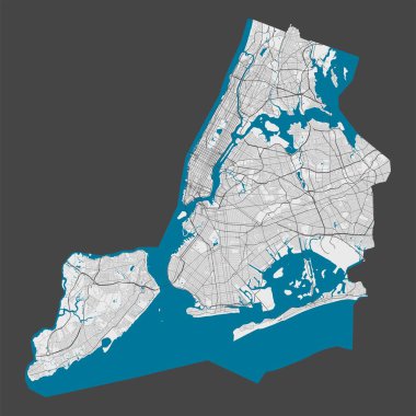 New York haritası. New York idari bölgesinin detaylı haritası. Şehir manzarası manzarası. Kraliyetten bağımsız vektör çizimi. Karayolları, sokaklar, nehirler. Turist dekoratif sokak haritası.