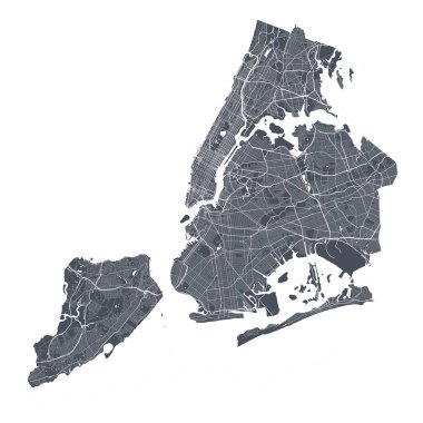 New York haritası. New York idari bölgesinin detaylı vektör haritası. Şehir Posteri Arya Manzarası. Beyaz sokakları, yolları ve caddeleri olan karanlık topraklar. Beyaz arkaplan.