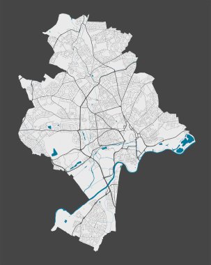 Nottingham haritası. Nottingham şehri yönetim bölgesinin detaylı haritası. Şehir manzarası manzarası. Kraliyetten bağımsız vektör çizimi. Karayolları, sokaklar, nehirler. Turist dekoratif sokak haritası.