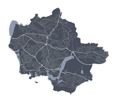 Plymouth haritası. Plymouth şehrinin idari alanının detaylı vektör haritası. Şehir Posteri Arya Manzarası. Beyaz sokakları, yolları ve caddeleri olan karanlık topraklar. Beyaz arkaplan.