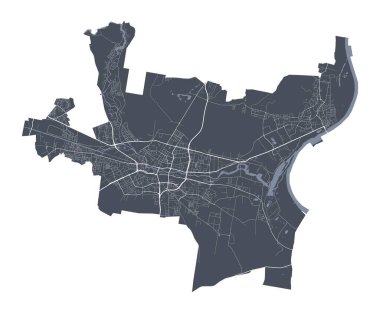 Bydgoszcz haritası. Bydgoszcz şehrinin idari alanının detaylı vektör haritası. Şehir Posteri Arya Manzarası. Beyaz sokakları, yolları ve caddeleri olan karanlık topraklar. Beyaz arkaplan.