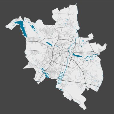 Poznan haritası. Poznan şehir yönetim bölgesinin detaylı haritası. Şehir manzarası manzarası. Kraliyetten bağımsız vektör çizimi. Karayolları, sokaklar, nehirler. Turist dekoratif sokak haritası.
