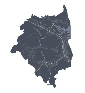 Gdynia haritası. Gdynia şehrinin idari alanının detaylı vektör haritası. Şehir Posteri Arya Manzarası. Beyaz sokakları, yolları ve caddeleri olan karanlık topraklar. Beyaz arkaplan.