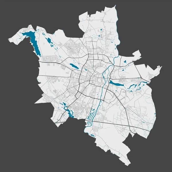 Poznan haritası. Poznan şehir yönetim bölgesinin detaylı haritası. Şehir manzarası manzarası. Kraliyetten bağımsız vektör çizimi. Karayolları, sokaklar, nehirler. Turist dekoratif sokak haritası.