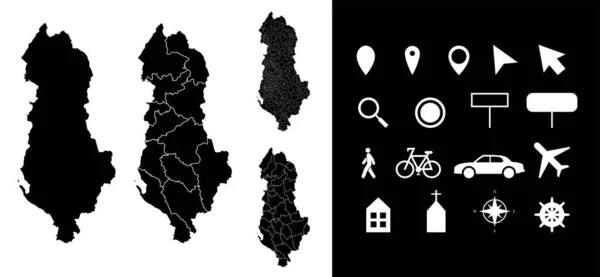 Карта Департаментів Адміністративних Районів Албанії Ікон Стовбур Стріла Людина Велосипед — стоковий вектор