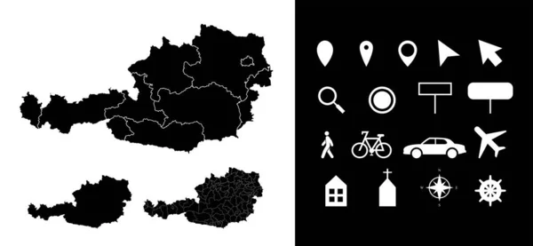 Mapa Austria Regiones Administrativas Departamentos Iconos Puntero Flecha Hombre Bicicleta — Vector de stock