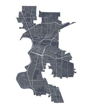 Sacramento haritası. Sacramento 'nun idari alanının detaylı vektör haritası. Şehir Posteri Arya Manzarası. Beyaz sokakları, yolları ve caddeleri olan karanlık topraklar. Beyaz arkaplan.