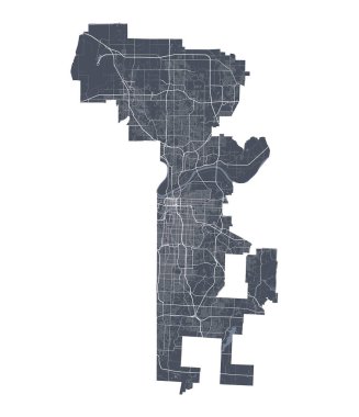 Kansas şehri haritası. Kansas City idari bölgesinin detaylı vektör haritası. Şehir Posteri Arya Manzarası. Beyaz sokakları, yolları ve caddeleri olan karanlık topraklar. Beyaz arkaplan.