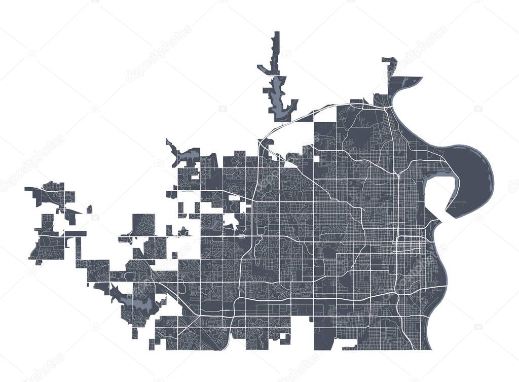 Omaha map. Detailed vector map of Omaha city administrative area. Cityscape poster metropolitan aria view. Dark land with white streets, roads and avenues. White background.