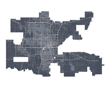 Oklahoma şehir haritası. Oklahoma City idari bölgesinin detaylı vektör haritası. Şehir Posteri Arya Manzarası. Beyaz sokakları, yolları ve caddeleri olan karanlık topraklar. Beyaz arkaplan.