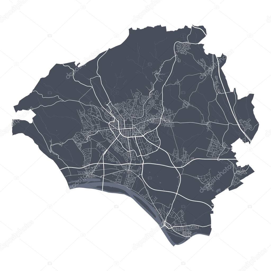 Wiesbaden map. Detailed vector map of Wiesbaden city administrative area. Cityscape poster metropolitan aria view. Dark land with white streets, roads and avenues. White background.