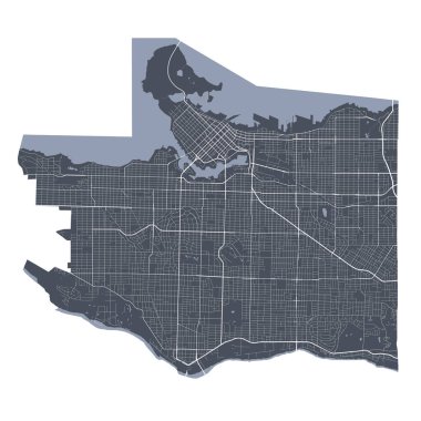 Vancouver haritası. Vancouver şehrinin idari alanının detaylı vektör haritası. Şehir Posteri Arya Manzarası. Beyaz sokakları, yolları ve caddeleri olan karanlık topraklar. Beyaz arkaplan.