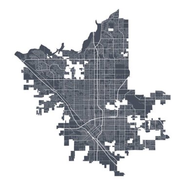 Fresno haritası. California 'nın Fresno şehrinin detaylı vektör haritası. Şehir Posteri Arya Manzarası. Beyaz sokakları, yolları ve caddeleri olan karanlık topraklar. Beyaz arkaplan.