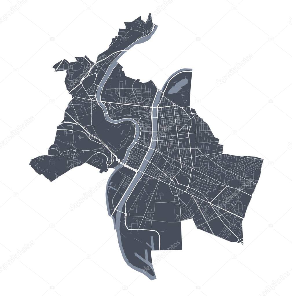 Lyon map. Detailed vector map of Lyon city administrative area. Cityscape poster metropolitan aria view. Dark land with white streets, roads and avenues. White background.