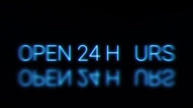 24 saat parlayan neon levha. Yanıp sönen mavi ışık harfleri gölge şeklinde. Royalty ücretsiz 4K video animasyonu, izole edilmiş renkli tarih işareti sembolleri.