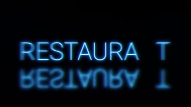 Parlak, neon ışıklı bir restoran tabelası. Yanıp sönen mavi ışık harfleri gölge şeklinde. Royalty ücretsiz 4K video animasyonu, izole edilmiş renkli tarih işareti sembolleri.