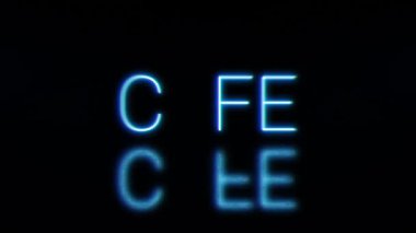 Parlak neon ışıklı kafe tabelası. Yanıp sönen mavi ışık harfleri gölge şeklinde. Royalty ücretsiz 4K video animasyonu, izole edilmiş renkli tarih işareti sembolleri.