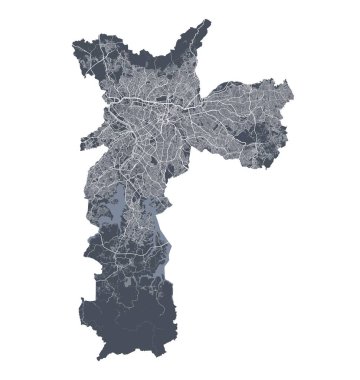 Sao Paulo haritası. Sao Paulo 'nun idari alanının detaylı vektör haritası. Şehir Posteri Arya Manzarası. Beyaz sokakları, yolları ve caddeleri olan karanlık topraklar. Beyaz arkaplan.