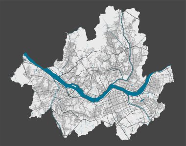 Seul haritası. Seul idari bölgesinin detaylı haritası. Şehir manzarası manzarası. Kraliyetten bağımsız vektör çizimi. Karayolları, sokaklar, nehirler. Turist dekoratif sokak haritası.
