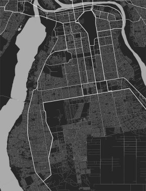 Tunus şehir haritası. Vektör illüstrasyonu, Hartum haritası gri tonlu sanat posteri. Yollu sokak haritası, metropol şehir manzaralı.