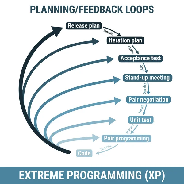 Extreme Programming Metodologia Desenvolvimento Software Esquema Processo Estrutura Detalhada Gerenciamento — Vetor de Stock