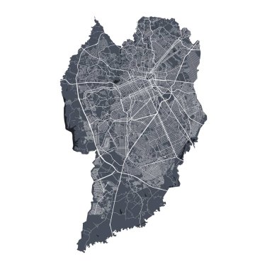 Curitiba haritası. Curitiba şehrinin idari alanının ayrıntılı vektör haritası. Şehir Posteri Arya Manzarası. Beyaz sokakları, yolları ve caddeleri olan karanlık topraklar. Beyaz arkaplan.