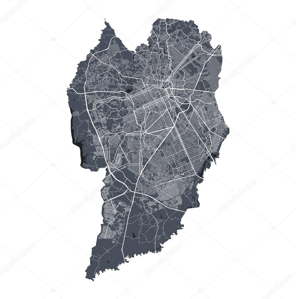 Curitiba map. Detailed vector map of Curitiba city administrative area. Cityscape poster metropolitan aria view. Dark land with white streets, roads and avenues. White background.