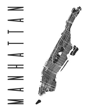 Manhattan haritası posteri. New York borough sokak haritası. Şehir manzarası arya panorama siluet hava görüntüsü, tipografi tarzı. Hudson, East, Harlem, Marble Hill, Times Meydanı, Central Park, Çin Mahallesi.