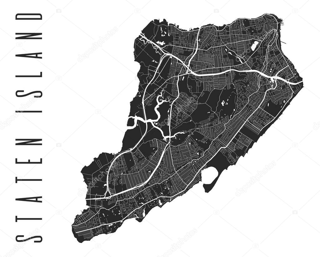 Staten Island map poster. New York city borough street map. Cityscape aria panorama silhouette aerial view, typography style. St George, Tompkinsville, Clifton, Stapleton, East Shore, West shore.