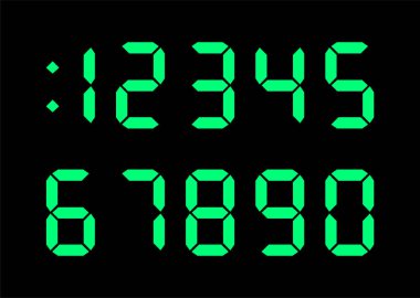 Elektronik saat görüntüsü, hesap makinesi ve sayaç için sayısal yazı tipi. Siyah arka planda yeşil renk. Telif hakkı olmayan düz tasarım vektör çizimi.